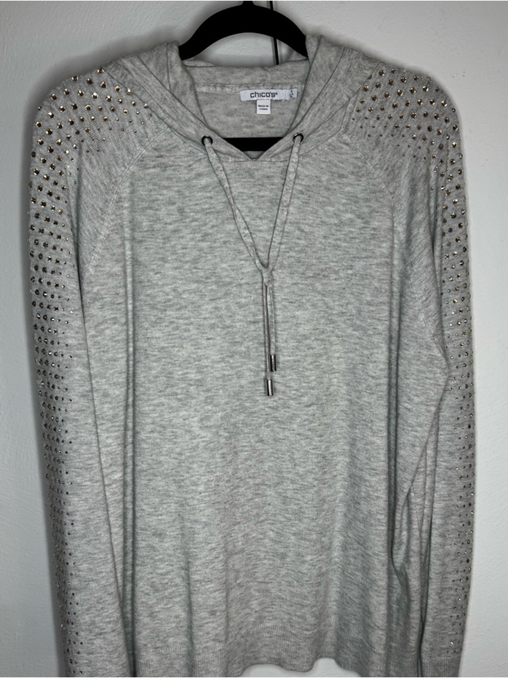 Chico’s 3/XL Gray Hooded Sweater Rhinestone Embellished Sleeves